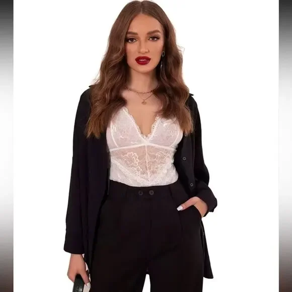 Sexy Lingerie Jumpsuit with Criss Cross Straps Semi Sheer White Lace Seduce, M - Picture 5 of 13